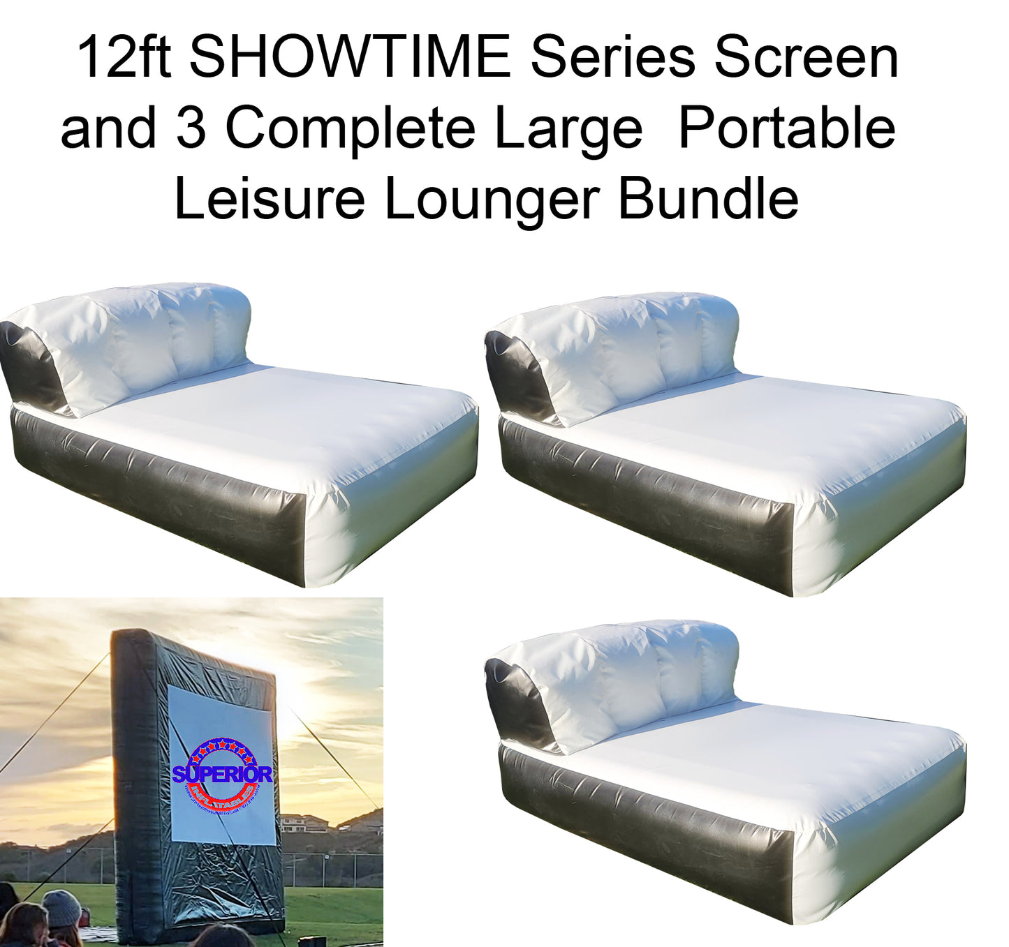 12ft SHOWTIME SCREEN and 3 Large Leisure :Lounger Bundle